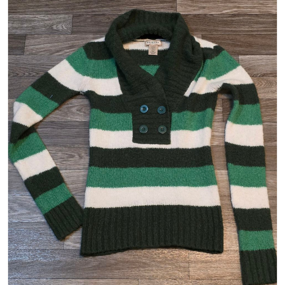 Women's Arizona Jean‎ Company Green & White Striped Shawl Collar Sweater M